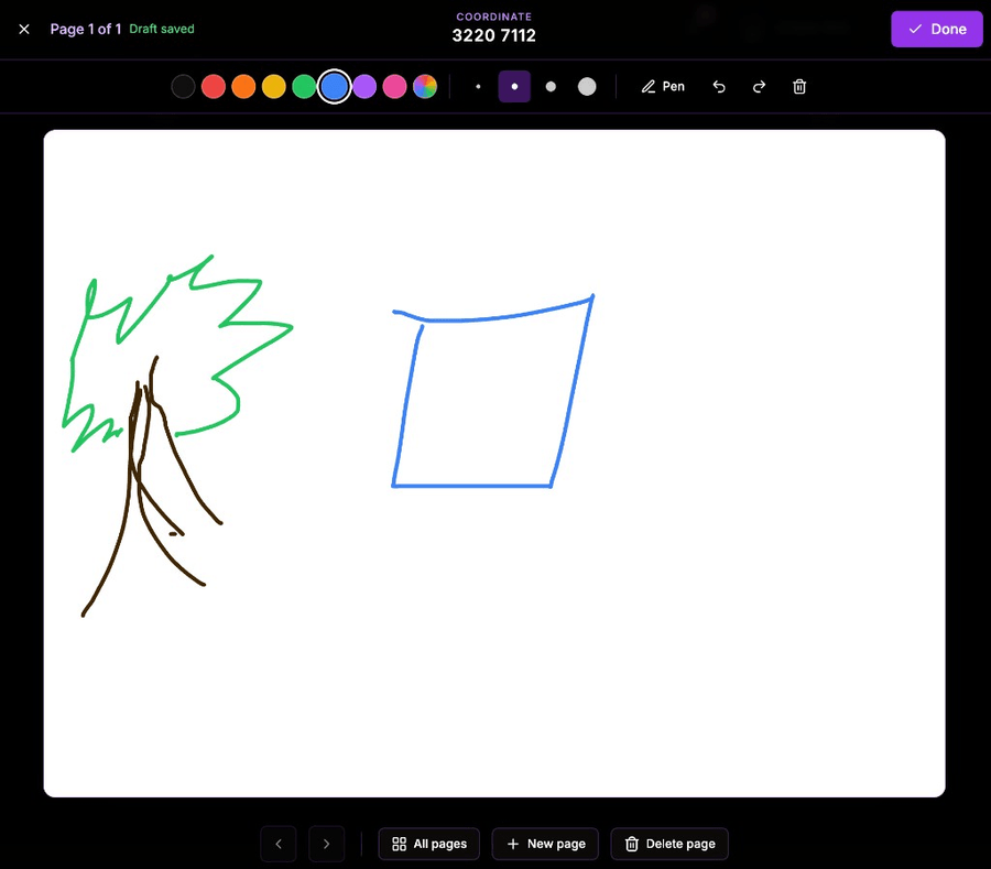 Web drawing canvas with pen tools, coordinate display, and multipage controls