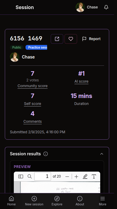 Social RV native session page showing session scores and uploaded work