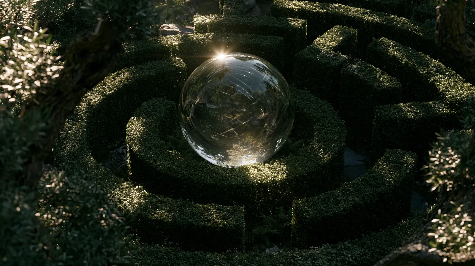 A glass sphere catching sunlight at the center of a circular hedge maze