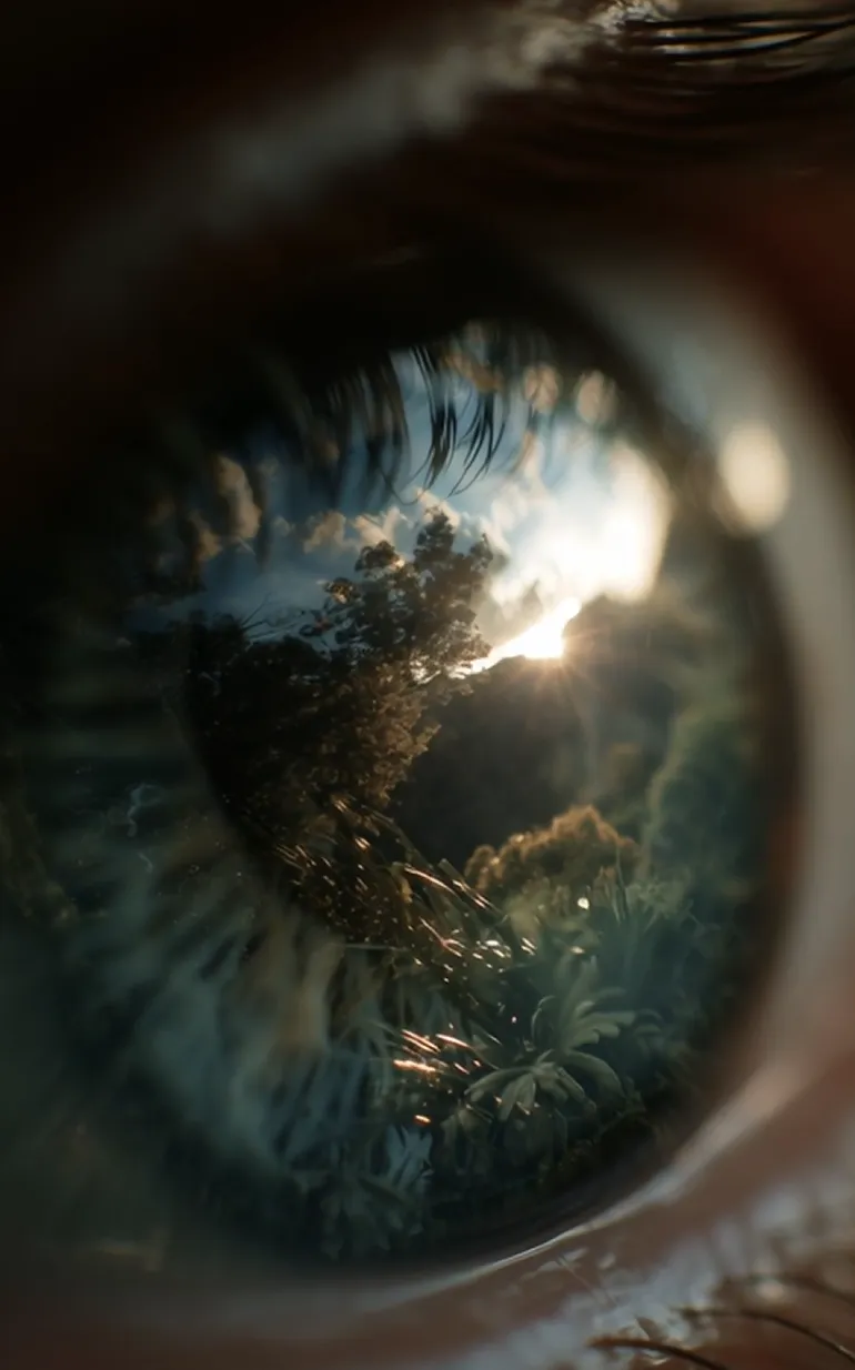 A distant sunlit landscape reflected in a person's eye