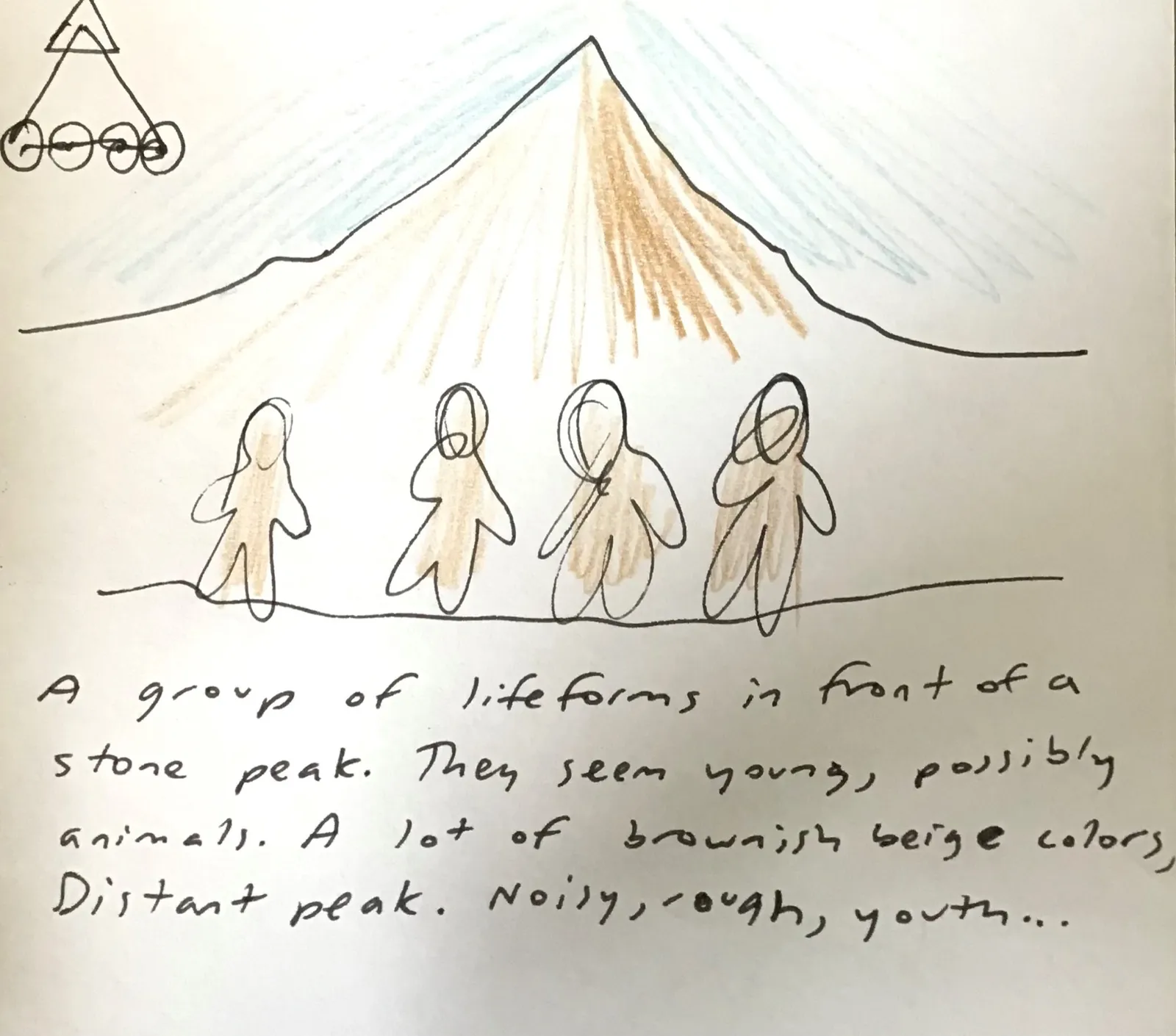 Hand-drawn remote viewing sketch of four figures in front of a peak, with written impressions