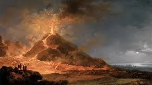 A painting of Mount Vesuvius erupting with figures in the foreground